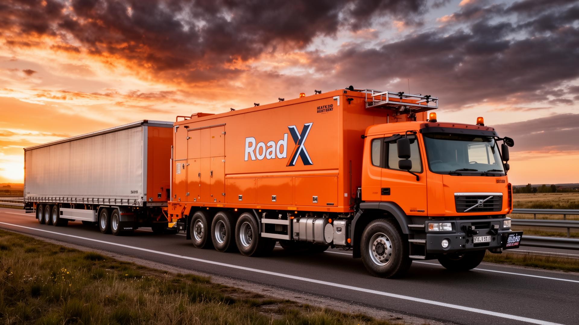 Road X mobile service truck on the highway at sunset